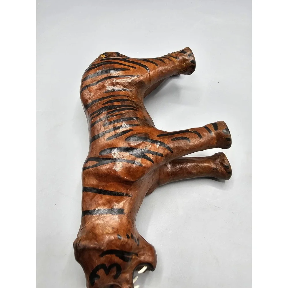 Vintage Leather Wrapped Paper‎ Mache Bengal Tiger Figurine Yellow Glass Eyes 11